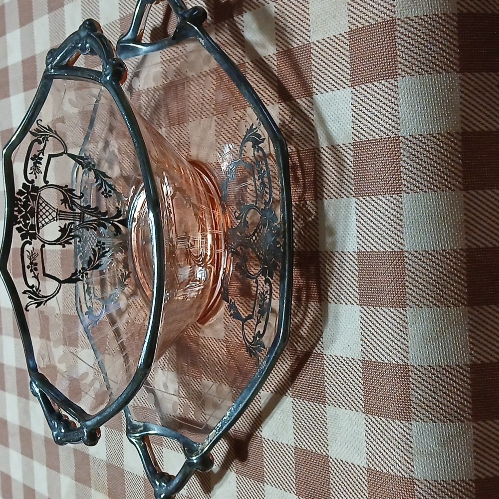 Vintage DEPRESSION Pink Glass Serving Bowl with Silver Trim And Plate.